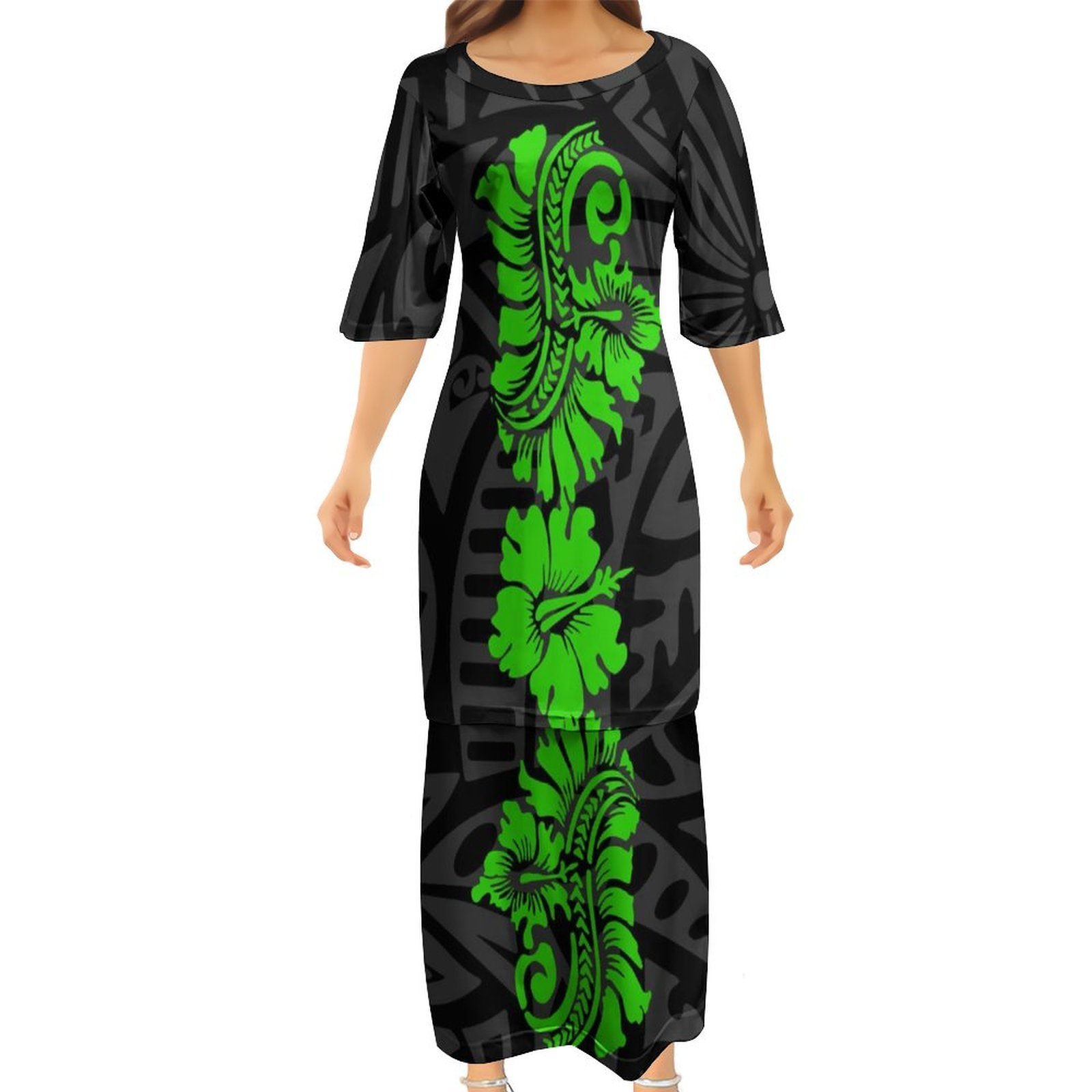 Wholesale Custom Tongan Puletasi Set Hibiscus Flower Print Half Sleeve Top Skirt Suit Polynesian Tribal Plus Size Womens Dress