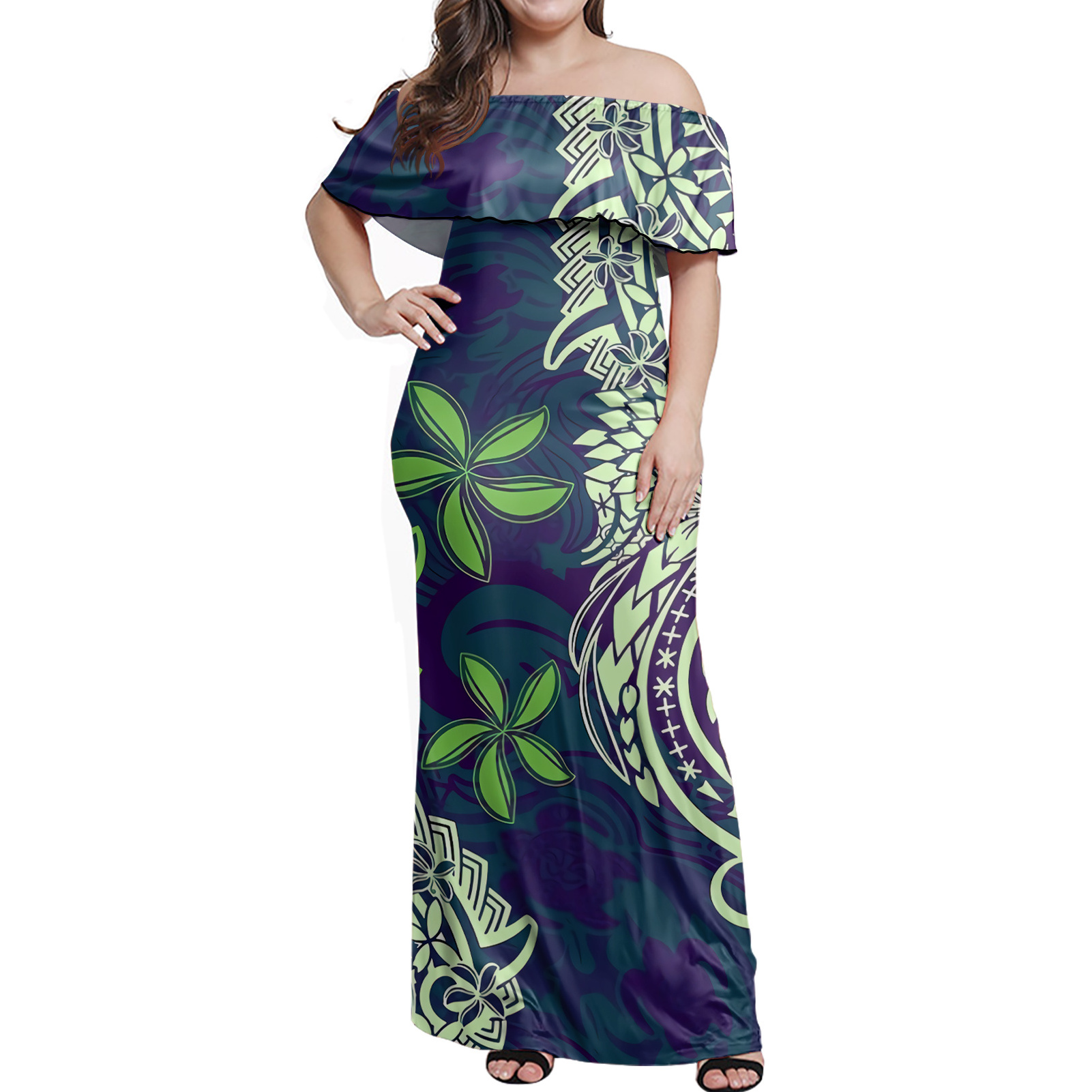 Polynesian tribal design hawaii Sea turtle dark green print flowers Ruffle off dresses And men's shirts Puletasi Wholesale