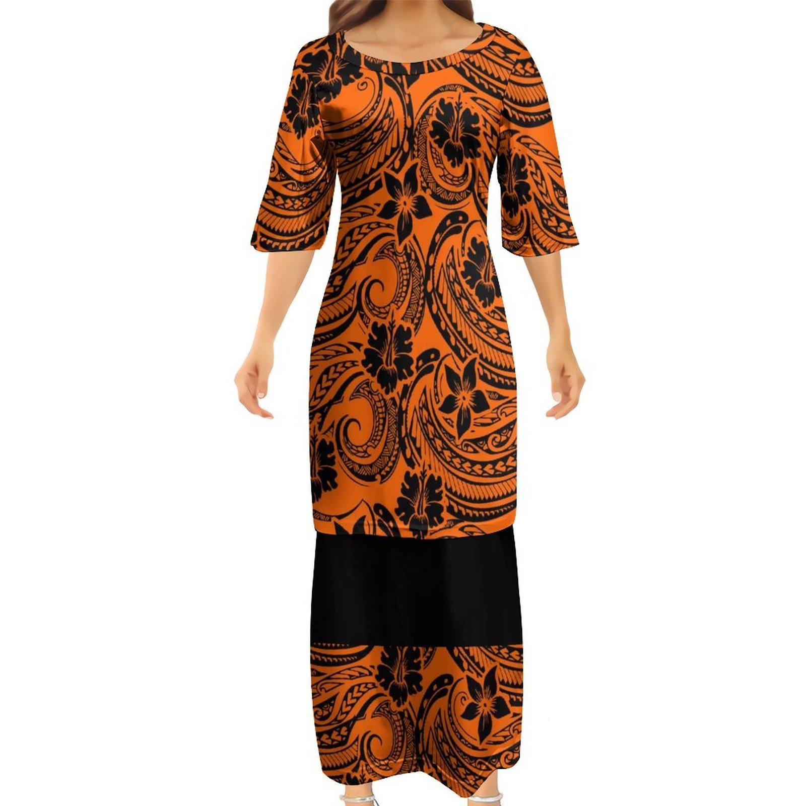 Wholesale Custom Tongan Puletasi Set Hibiscus Flower Print Half Sleeve Top Skirt Suit Polynesian Tribal Plus Size Womens Dress