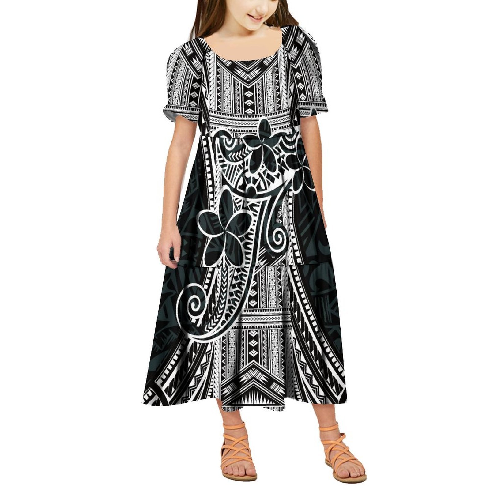 New Factory Wholesale Customize Ruffle Puff Sleeve Toddler Girls Dresses Polynesian Samoa Tribal Print Long Party Dress For Kids