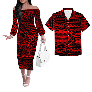 custom made stretched material dress Polynesian tribal design off shoulder dresses And men's shirts Puletasi red print Wholesale