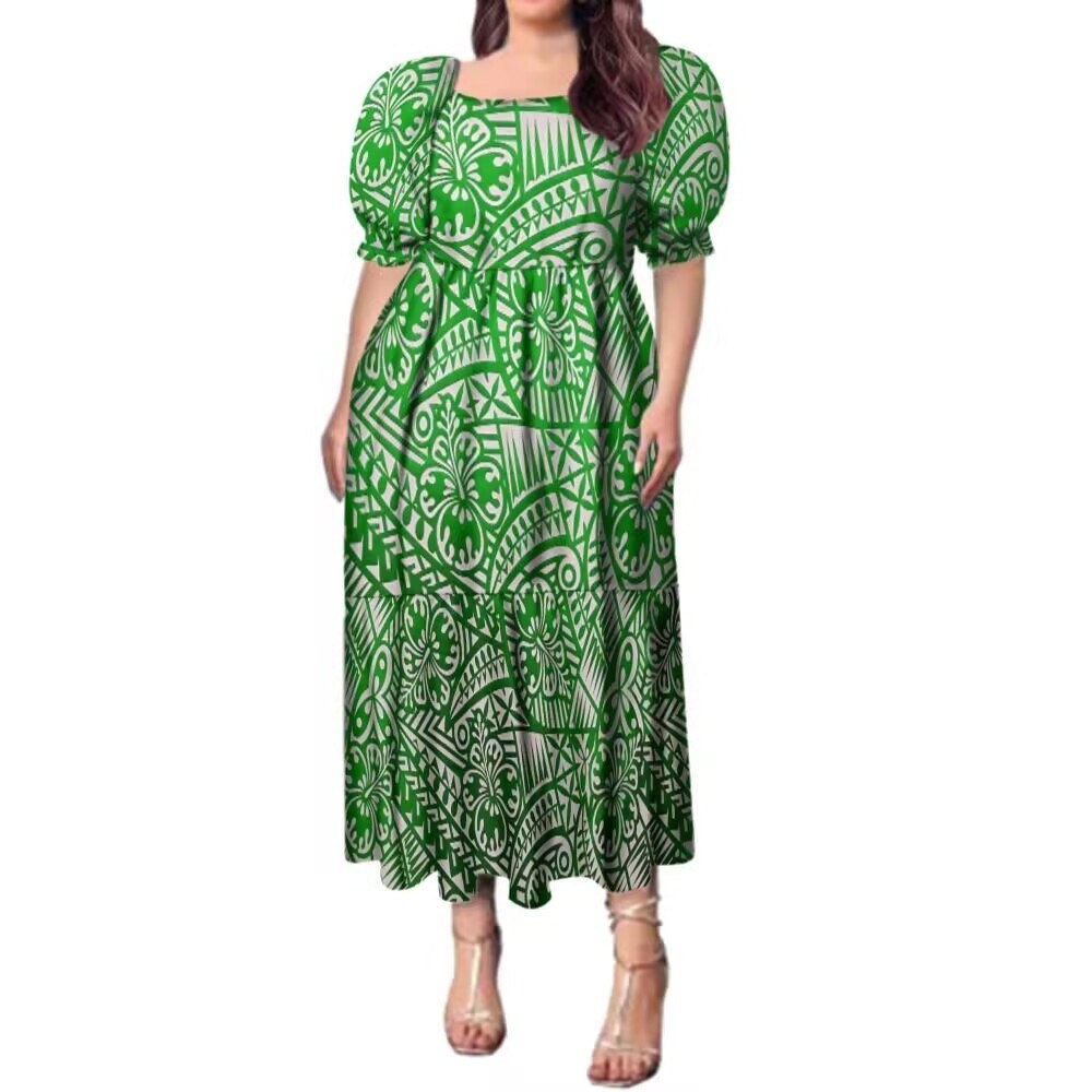 Hot Selling Summer Women's Clothing Palaka Puffy Dress Tapa Pattern Polynesian Dress Women Sweet Puff Sleeve Tiered Midi Dresses