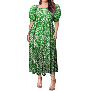 Hot Selling Summer Women's Clothing Palaka Puffy Dress Tapa Pattern Polynesian Dress Women Sweet Puff Sleeve Tiered Midi Dresses