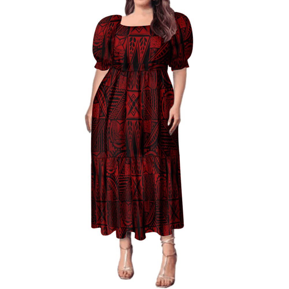 Hot Selling Summer Women's Clothing Palaka Puffy Dress Tapa Pattern Polynesian Dress Women Sweet Puff Sleeve Tiered Midi Dresses