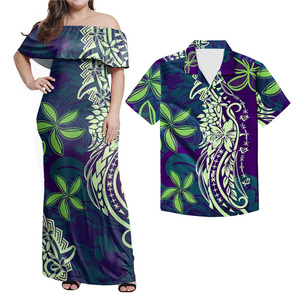 Polynesian tribal design hawaii Sea turtle dark green print flowers Ruffle off dresses And men's shirts Puletasi Wholesale