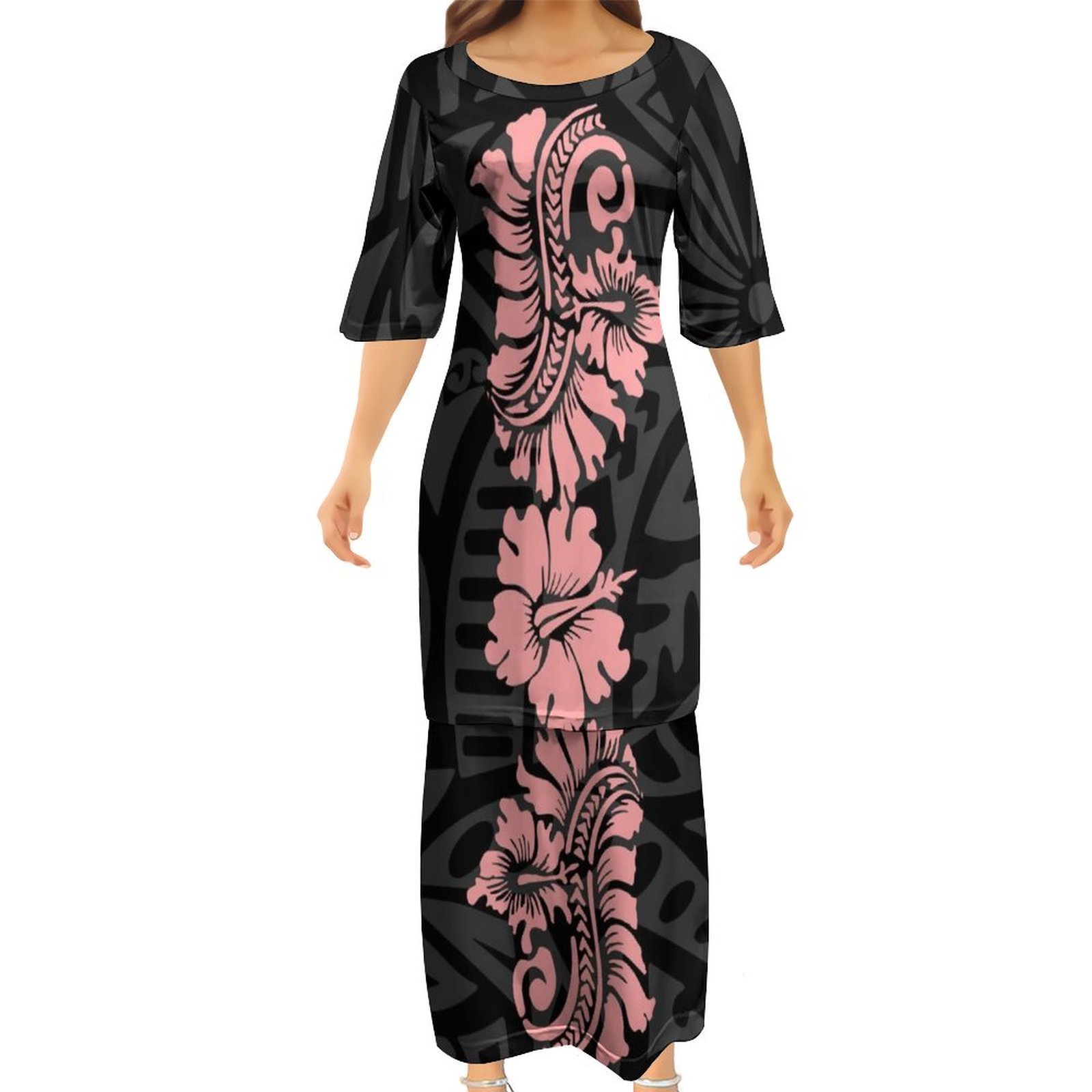 Wholesale Custom Tongan Puletasi Set Hibiscus Flower Print Half Sleeve Top Skirt Suit Polynesian Tribal Plus Size Womens Dress