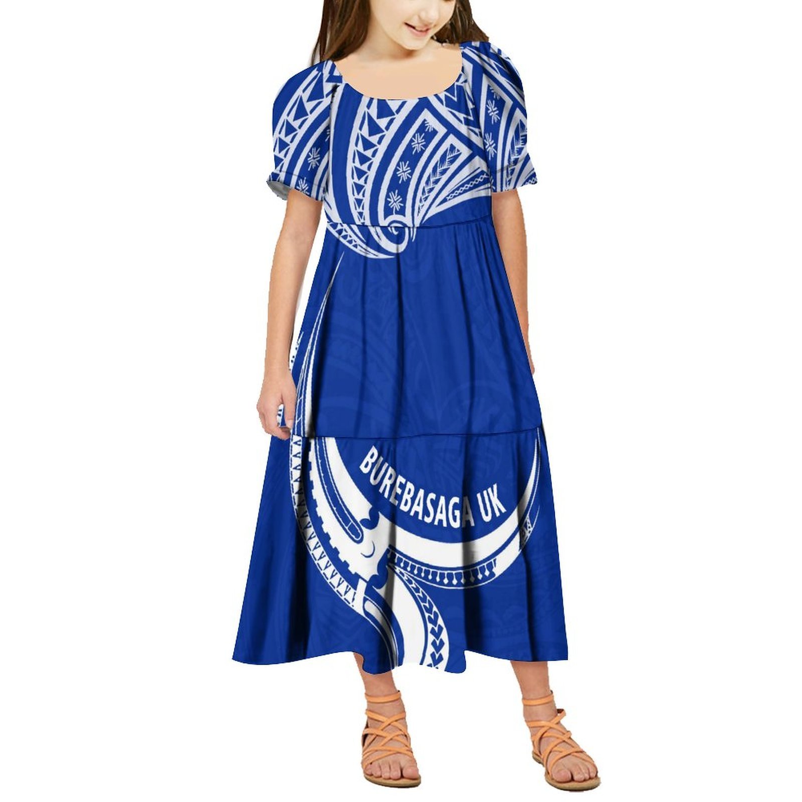 New Factory Wholesale Customize Ruffle Puff Sleeve Toddler Girls Dresses Polynesian Samoa Tribal Print Long Party Dress For Kids