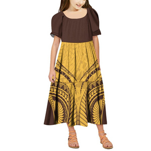 New Factory Wholesale Customize Ruffle Puff Sleeve Toddler Girls Dresses Polynesian Samoa Tribal Print Long Party Dress For Kids