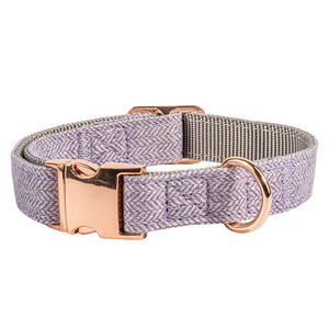 Hot Sale Soft Cotton+Nylon Adjustable Dog Collar Rose Gold Matel Buckle Pet Collar Twill Dog Leash