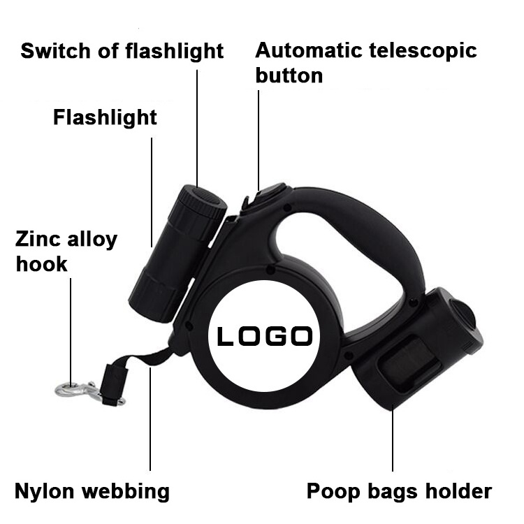 Pet Product Multi-function Automatic Retractable Nylon Dog Leash With Flashlight And Poop Bags, 5M Light Up Dog Lead Walking Set