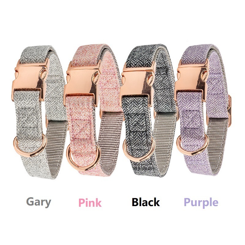 Hot Sale Soft Cotton+Nylon Adjustable Dog Collar Rose Gold Matel Buckle Pet Collar Twill Dog Leash