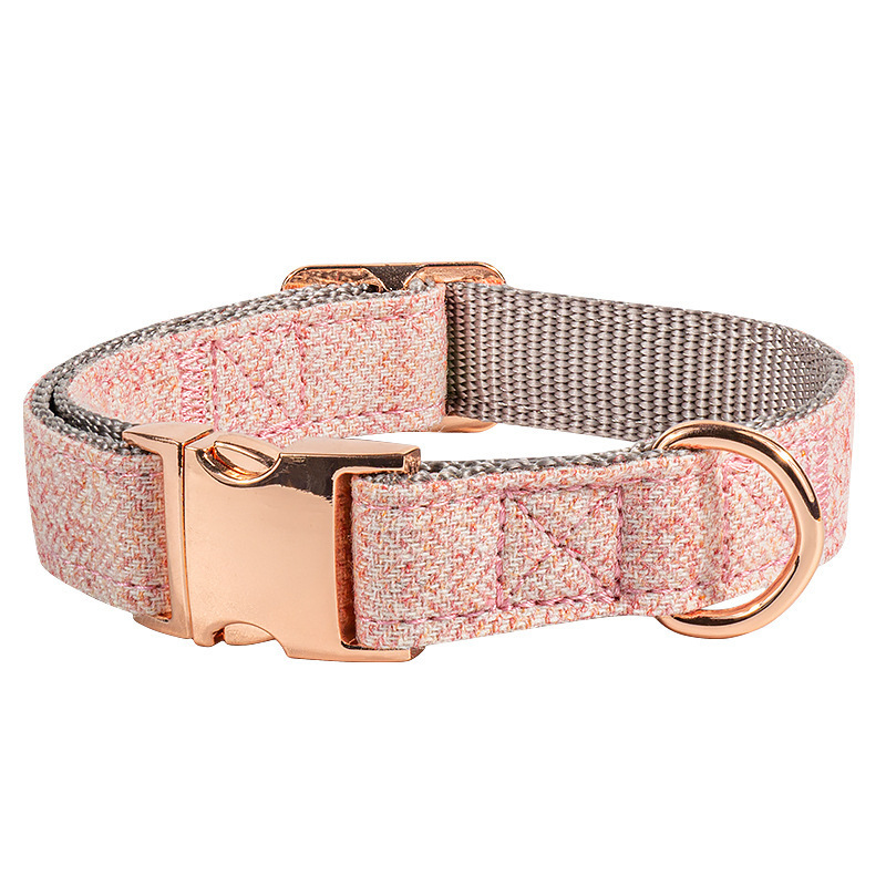 Hot Sale Soft Cotton+Nylon Adjustable Dog Collar Rose Gold Matel Buckle Pet Collar Twill Dog Leash