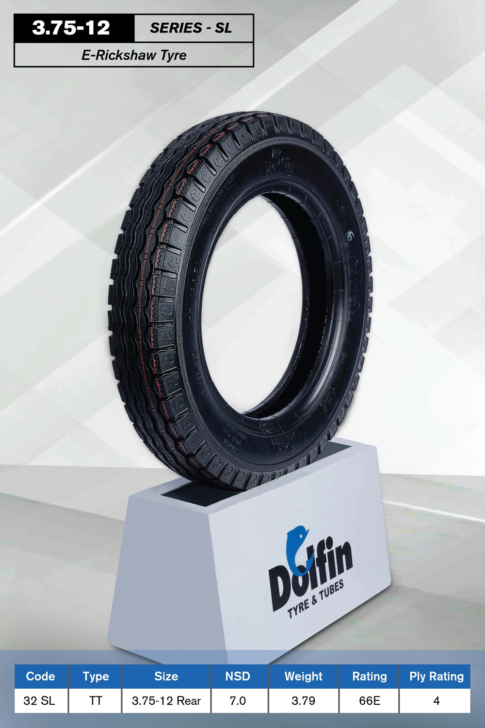 Best Selling Top Quality Made In India Dolfin Brand Highly Durable 3.75-12 SL E-Rickshaw Tyres/Tires at Factory Direct Price