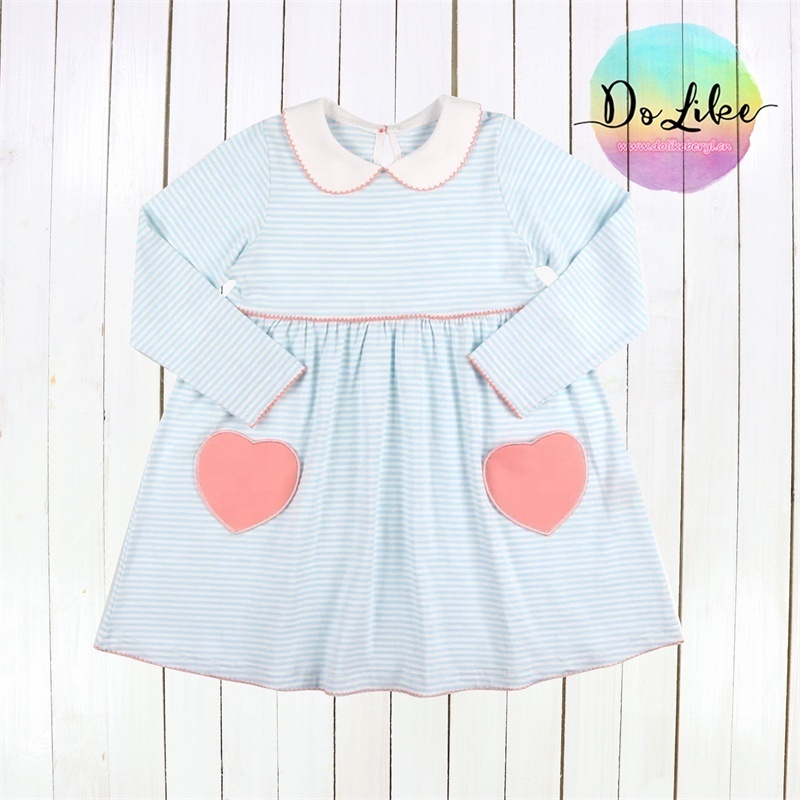 Blue white stripe children Valentine clothes with two heart pockets little girl dresses custom baby clothing kids dress