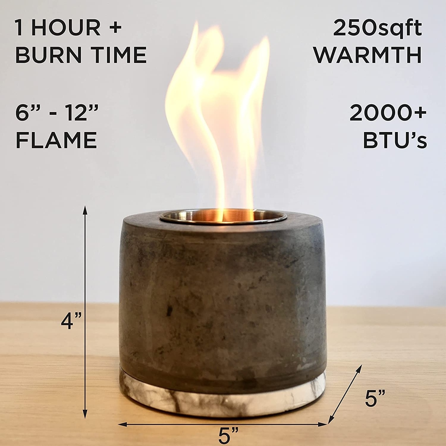 Concrete Tabletop Fire Pit - Ethanol Fire Pit, Fire Bowl, Mini Personal Fireplace for Indoor & Garden - Bio Ethanol Fuel