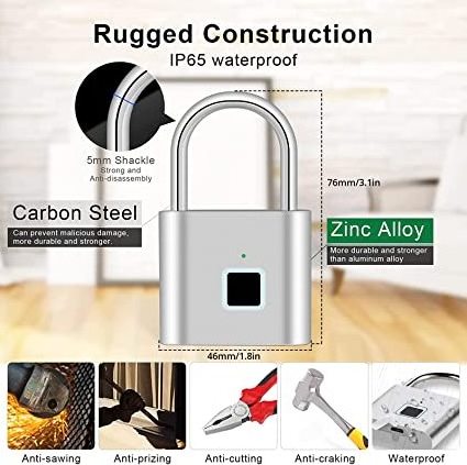 Outdoor Smart Fingerprint Lock USB Charging Fingerprint Padlock Hook Lock for Warehouse Suitcase Door