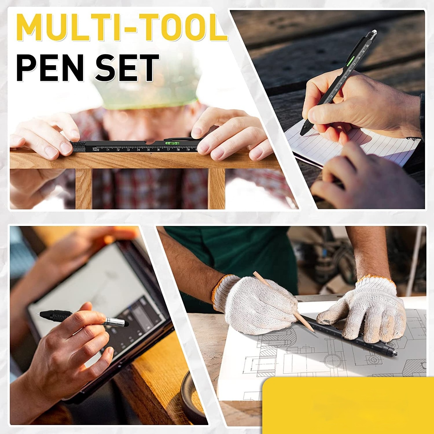 9 in 1 metal Multitool Pen LED Light Stylus Ruler Ballpoint Pen with Level Bottle Opener Screwdriver