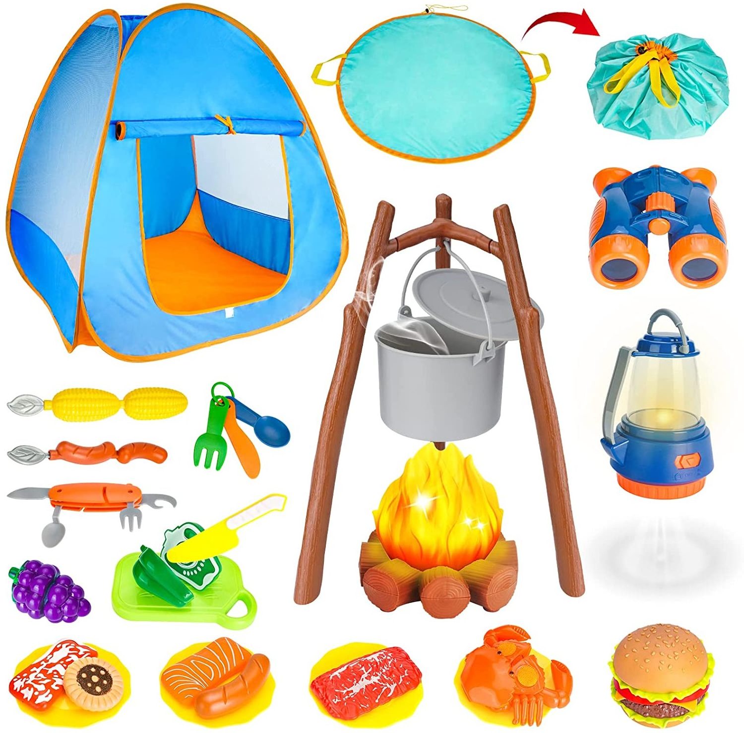 Kids Pretend Play Outdoor with Campfire Camping Gear Tool Set for Girls Boys, Indoor and Outdoor Toys Gifts for Kids