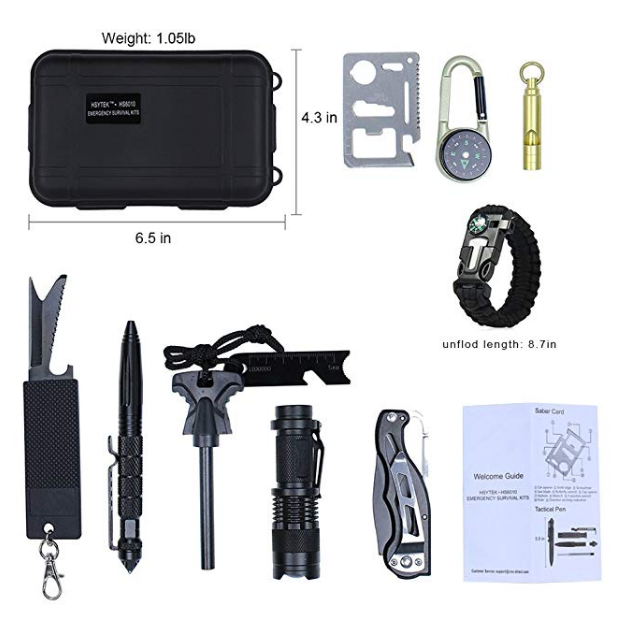 11 in 1 Outdoor Emergency Survival Kit with Tactical Pen|Bracelet|Temperature Compass|Fire Start , Survival Gear Kit