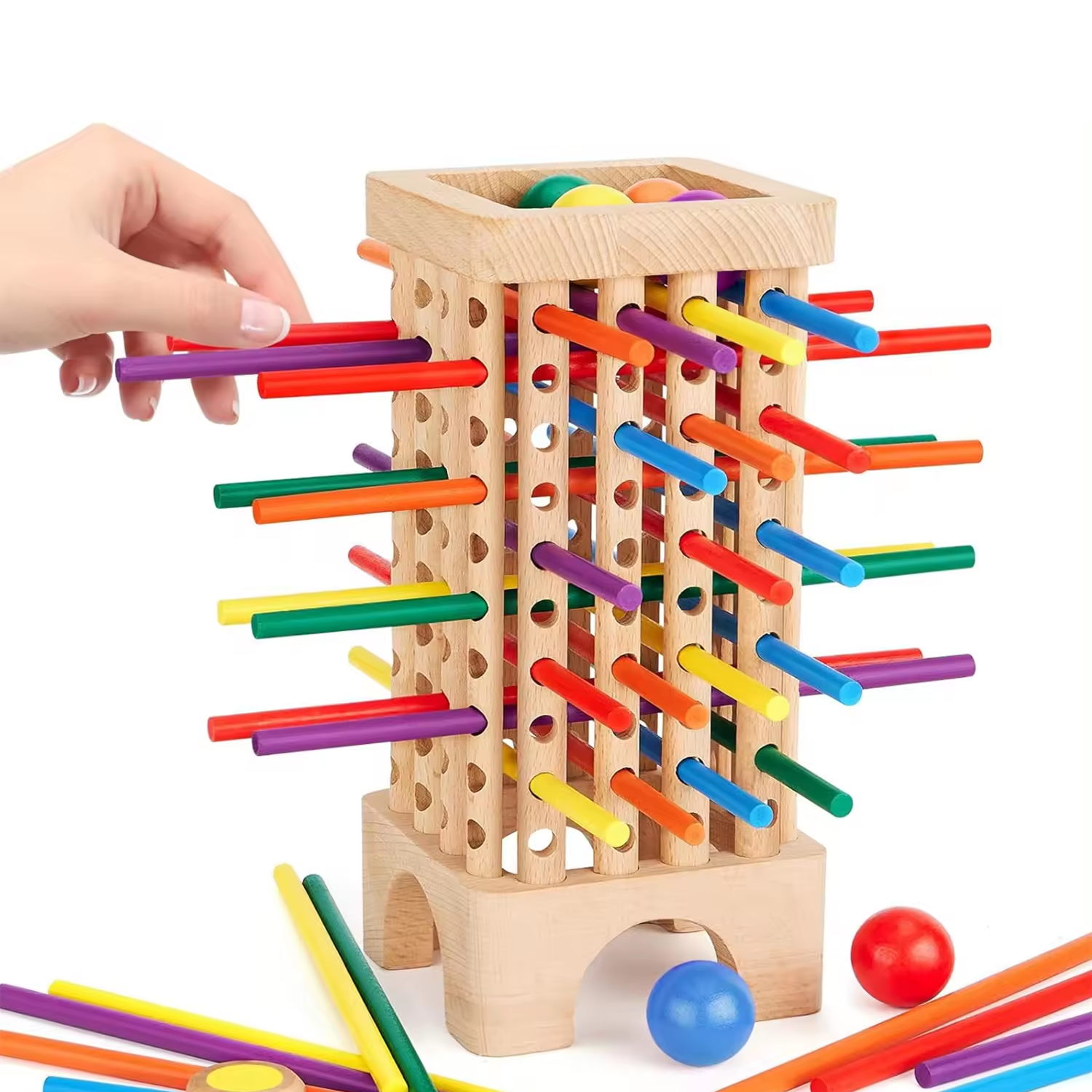 Kids Wooden Board Game Montessori Toys 42pcs Colourful Stick Dice Game Math Educational Toy Family Fun Ball Dropping Game