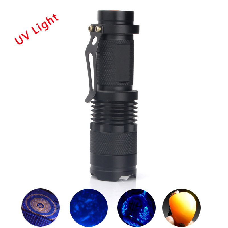 Wholesale Pocket Lamp Zoom LED UV Torch, Outdoor Camping Portable Mini UV Tactical LED Flashlight with Clip