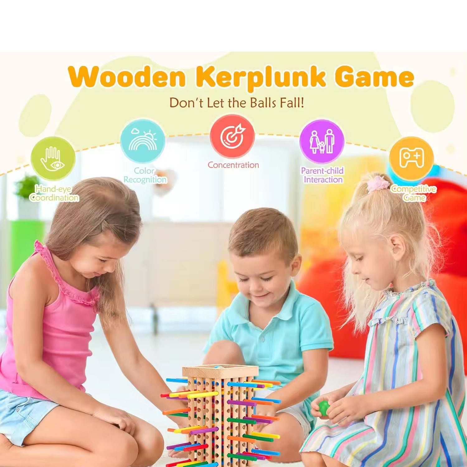 Kids Wooden Board Game Montessori Toys 42pcs Colourful Stick Dice Game Math Educational Toy Family Fun Ball Dropping Game