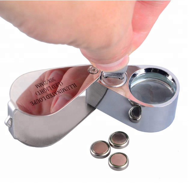 30X Full Metal Illuminated Jewelry Loop Magnifier, Pocket Folding Magnifying Glass Jewelers Eye Loupe with LED Light