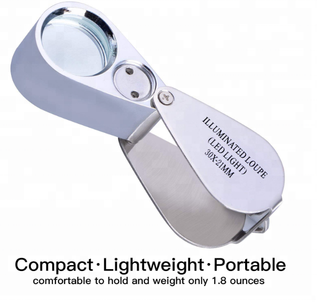 30X Full Metal Illuminated Jewelry Loop Magnifier, Pocket Folding Magnifying Glass Jewelers Eye Loupe with LED Light