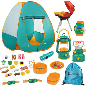 Kids Pretend Camping Tent Gear Set Pop Up with Pretend BBQ Toys Camping Tools for Toddlers Boys Girls for Indoor and Outdoor