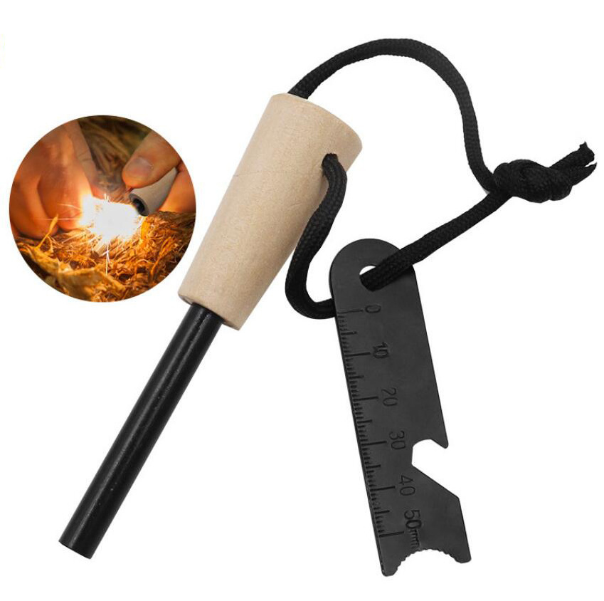 Outdoor Survival Camping Wood Handle Flint Fire Starter Sparking Ferrocerium Magnesium Rod Lighter