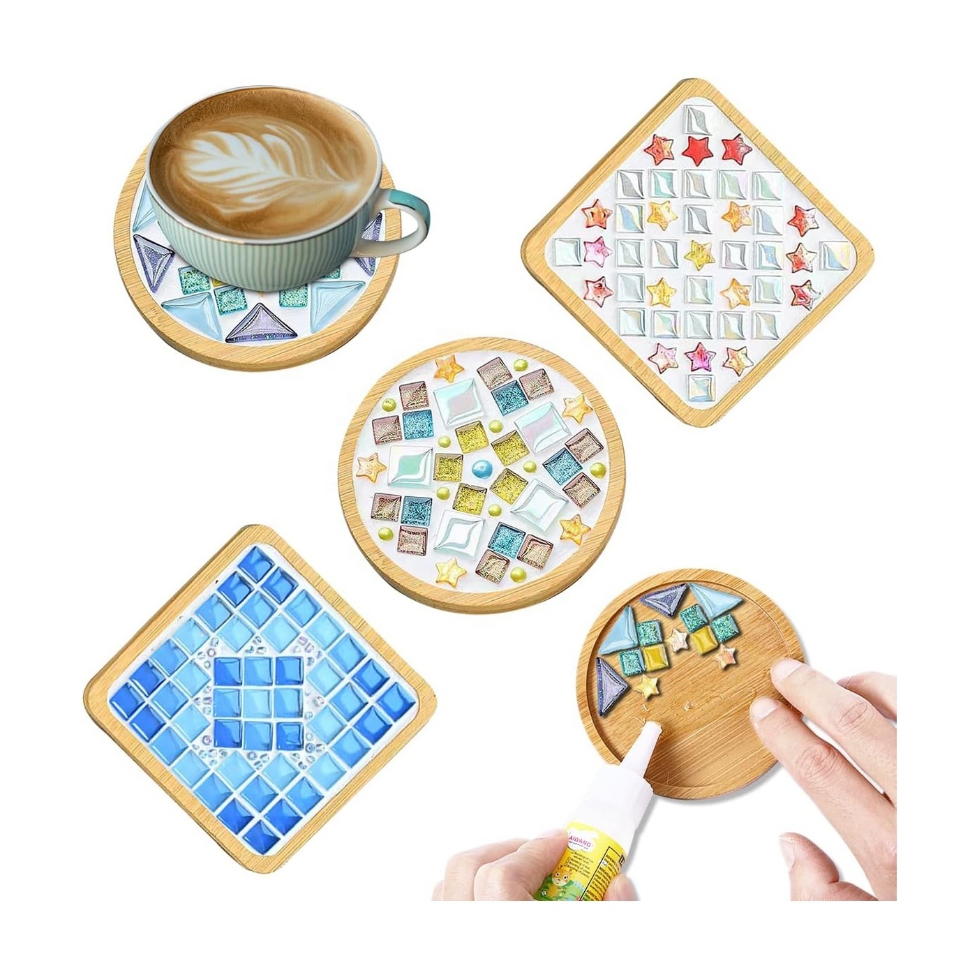 4 Sets DIY Glass Mosaic Tiles for Crafts,Mixed Color Mosaic Kits with Wooden Coaster for Adults,Mosaic Crafts Materials Package