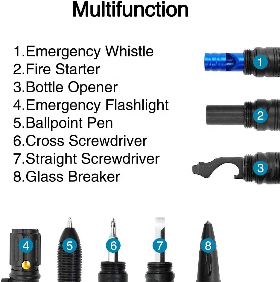 10 in 1 Tactical Pen for Self Defense Survival Multitool, LED Flashlight, Bottle Opener, Glass Breaker, Screw Driverint