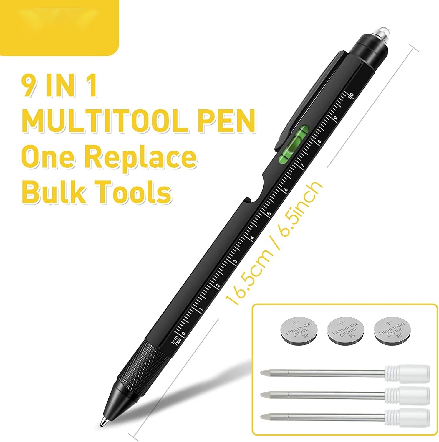 9 in 1 metal Multitool Pen LED Light Stylus Ruler Ballpoint Pen with Level Bottle Opener Screwdriver