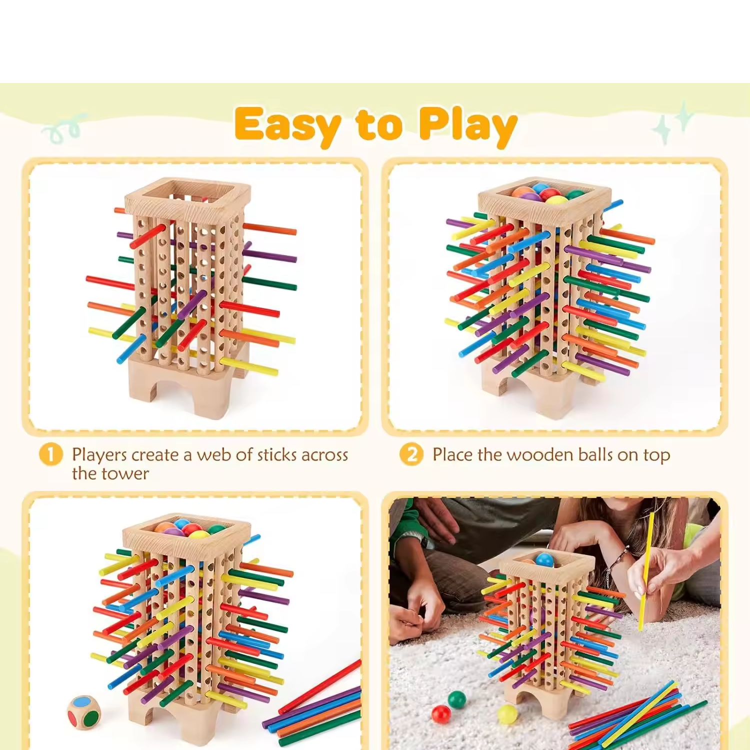 Kids Wooden Board Game Montessori Toys 42pcs Colourful Stick Dice Game Math Educational Toy Family Fun Ball Dropping Game