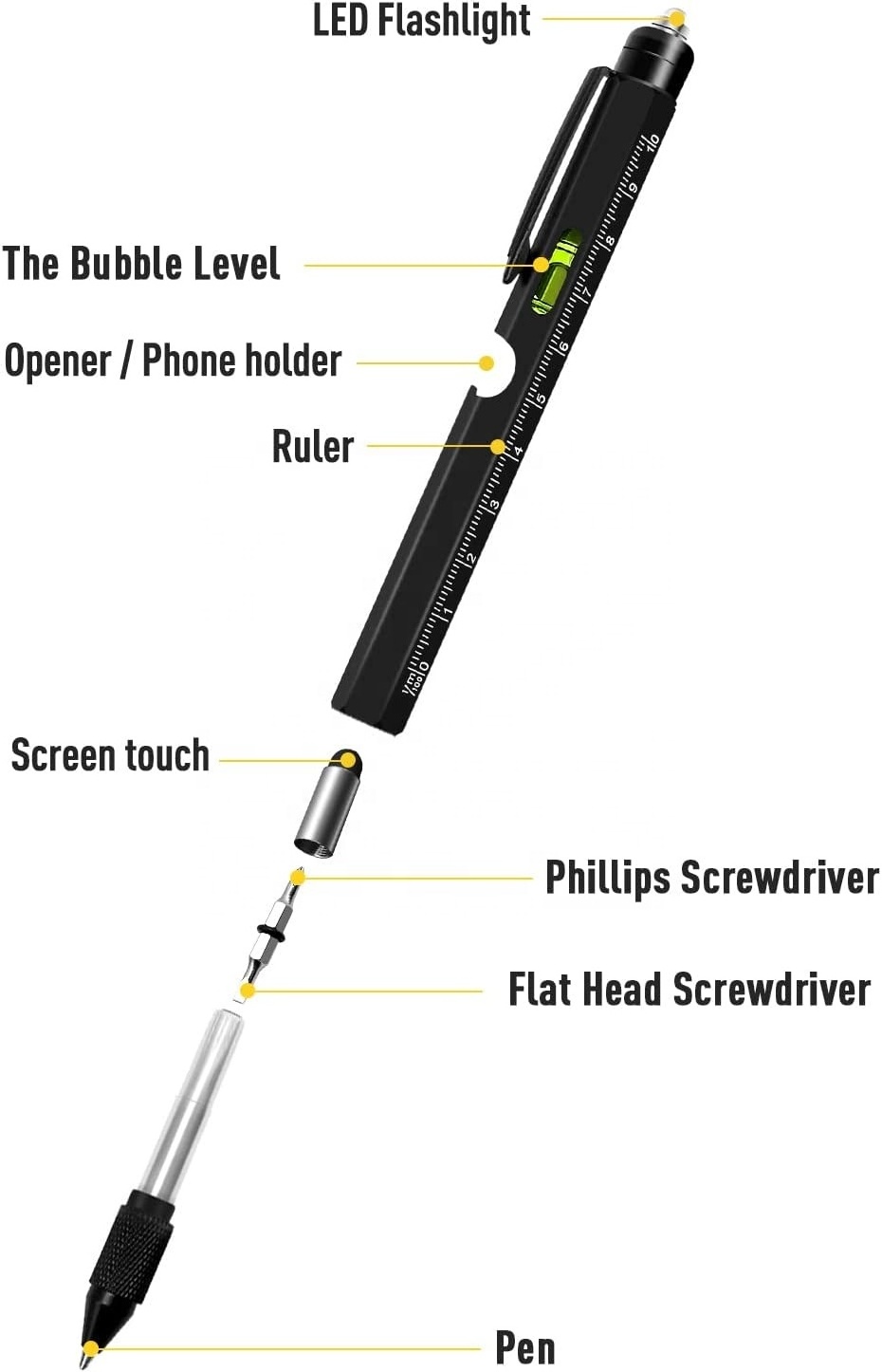 9 in 1 metal Multitool Pen LED Light Stylus Ruler Ballpoint Pen with Level Bottle Opener Screwdriver