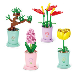 EPT $1 Dollar Promotion Toys Flower Potted Plant Building Blocks Diy Assembly Plastic Desktop Girls Training Educational Toy