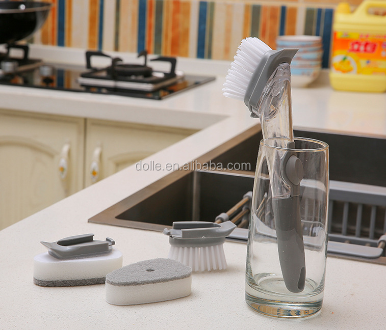 Kitchen Scrubbing Brush with Soap Dispenser, Soap Dispensing Dish Brush with Sponge Head Replacement for Kitchen Sink Cleaning