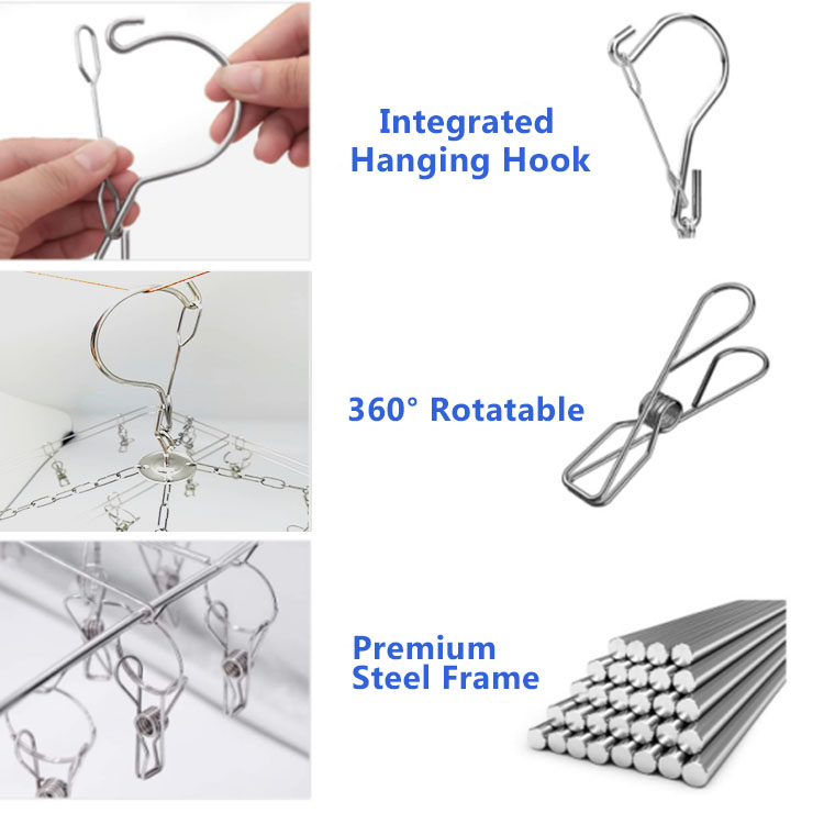 Folding laundry stainless steel hanging rack drying rack pegs with 30 clips