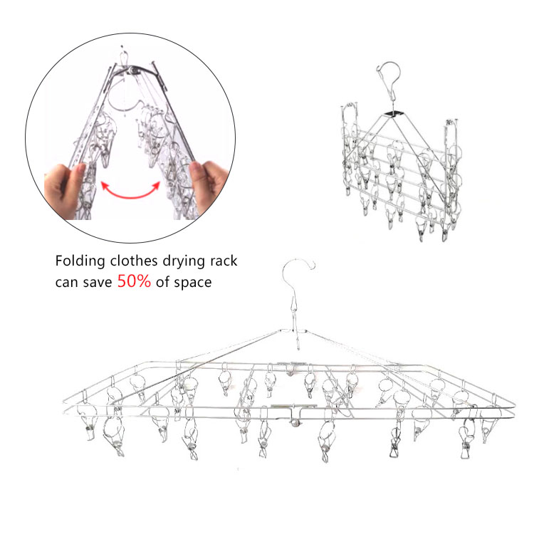 Folding laundry stainless steel hanging rack drying rack pegs with 30 clips