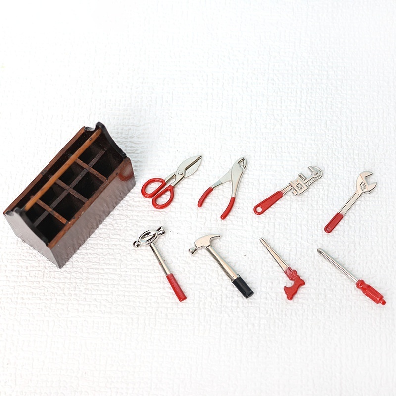 8pcs Mini Wooden Toolbox with Tools - Dollhouse Accessories for 1:12 Scale Dollhouse - Perfect Holiday Gift