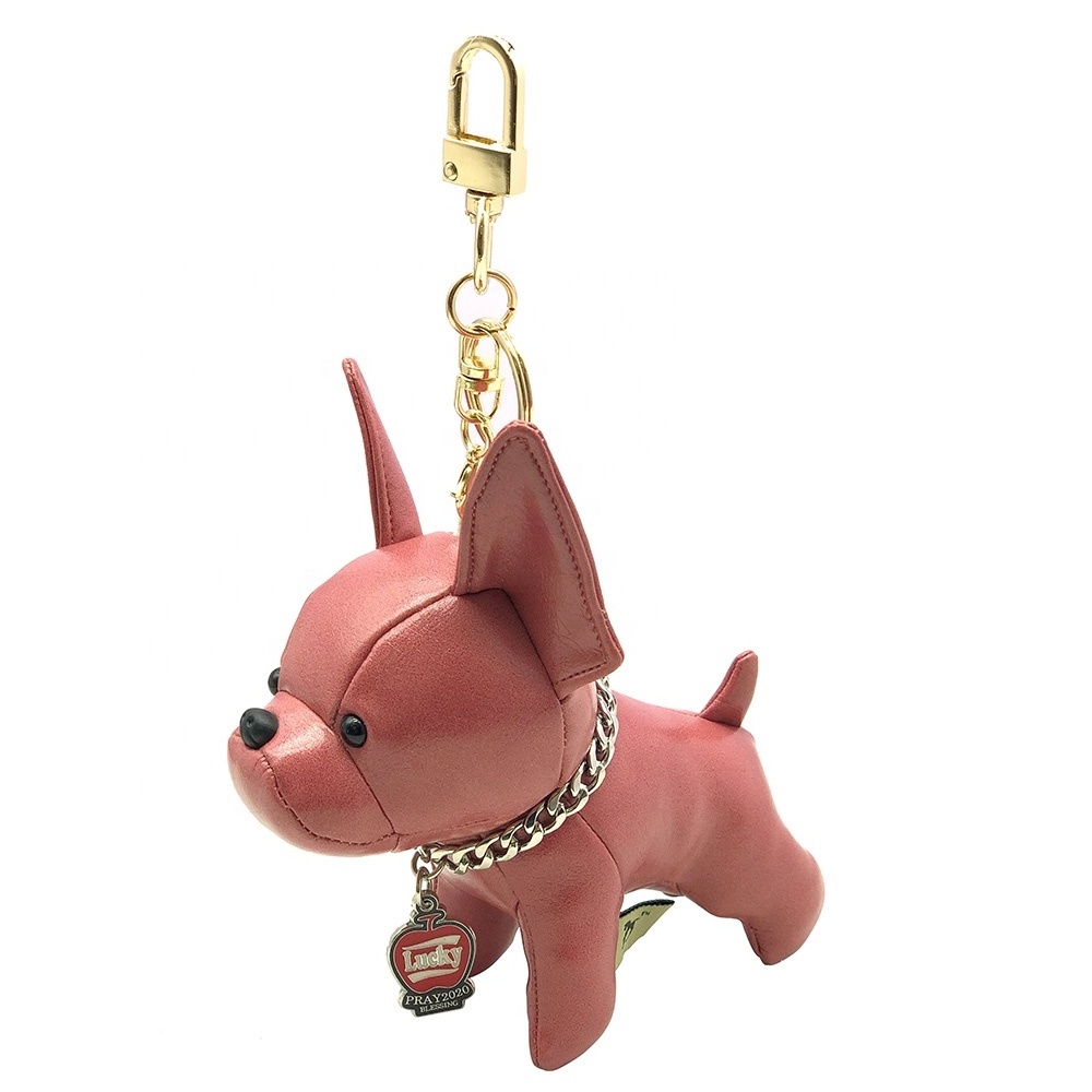 Handmade French Bulldog Keychain Soft Real Leather Cute Car Circle Key Rings Pendant Gift Purse Handbag Backpack Accessories