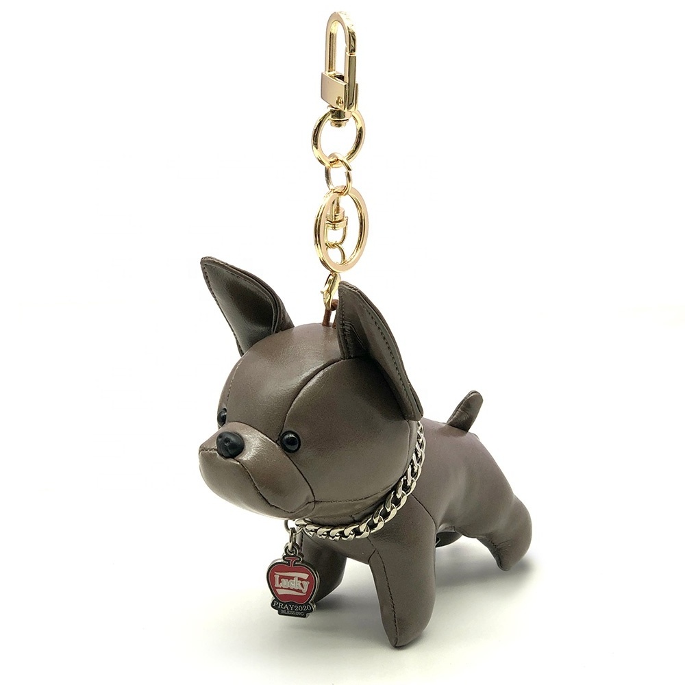 Handmade French Bulldog Keychain Soft Real Leather Cute Car Circle Key Rings Pendant Gift Purse Handbag Backpack Accessories