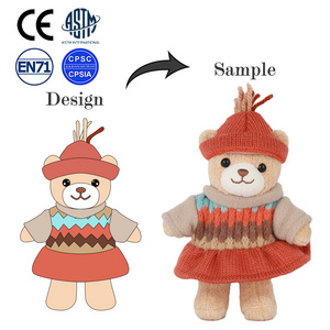 Customized doll from cartoon pictures cute custom plush doll teddy bear with knitted sweater dress handmade