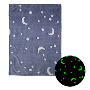 Children Super Soft Fleece Glow In The Dark Blanket Cozy Grey Moon Star Shining Pattern Luminous Blankets