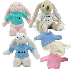 LOW MOQ Long Eared Bunny Rabbit Plush Toy Custom Kids Name Bunny Soft Toys With Embroidery Jumper