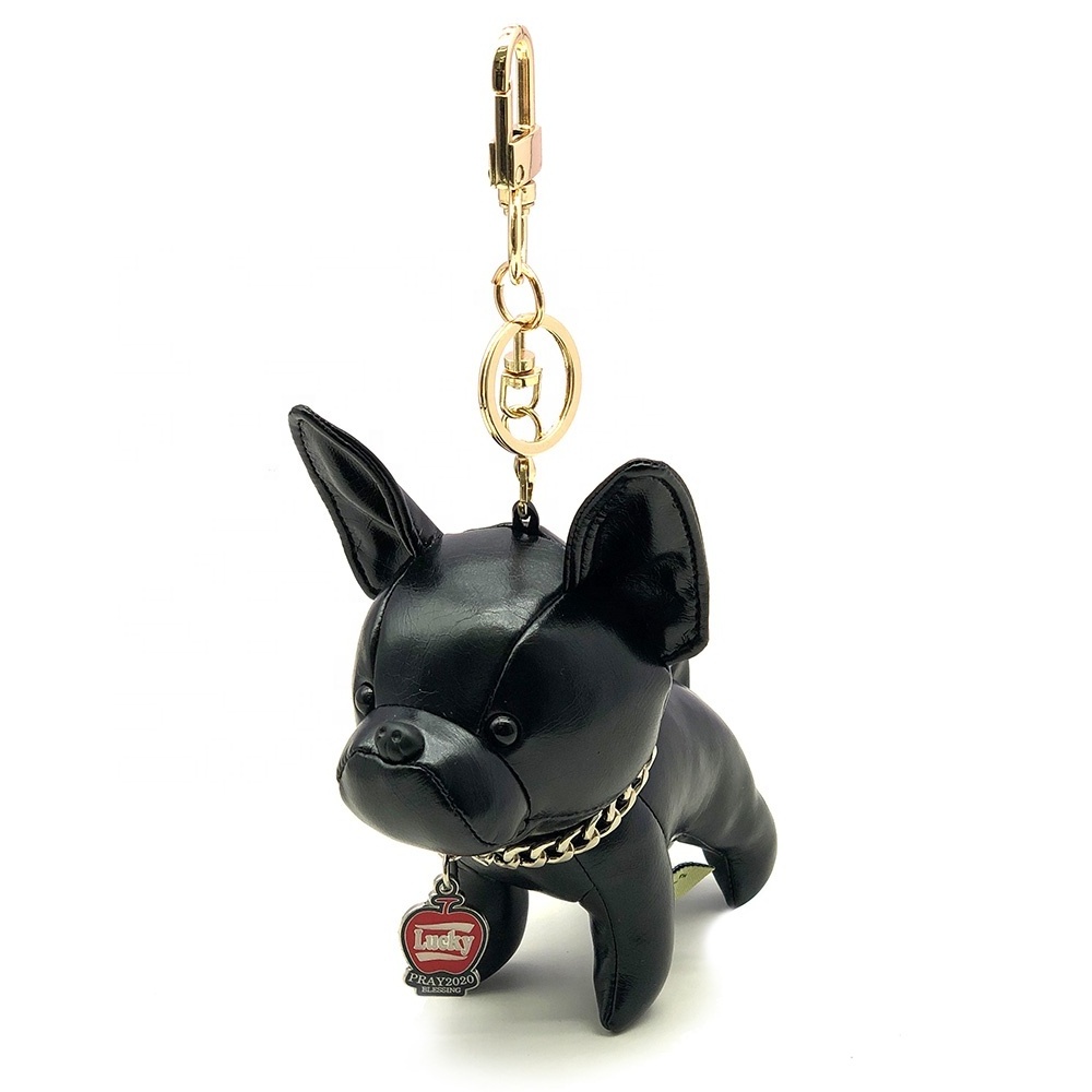 Handmade French Bulldog Keychain Soft Real Leather Cute Car Circle Key Rings Pendant Gift Purse Handbag Backpack Accessories