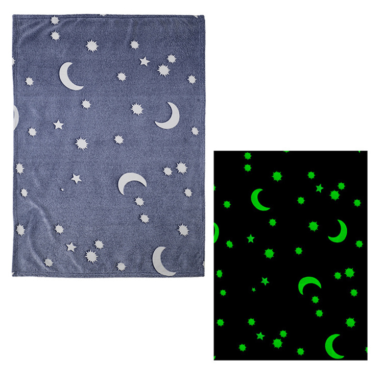 Children Super Soft Fleece Glow In The Dark Blanket Cozy Grey Moon Star Shining Pattern Luminous Blankets