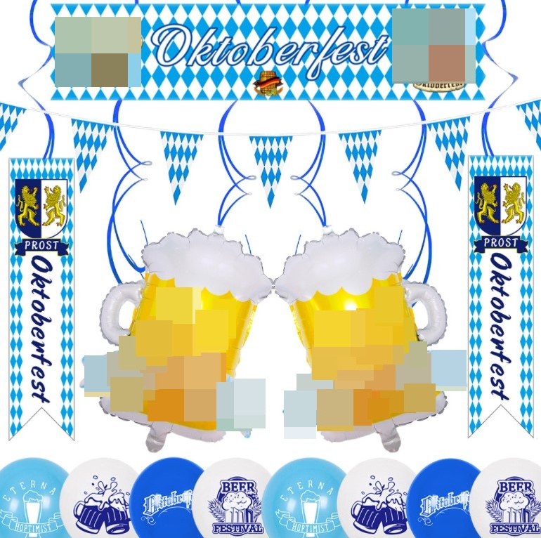 Blue white checker Prost Oktoberfest Paper Banners flags and Balloons garland hanging swirls for Oktoberfest event party decor