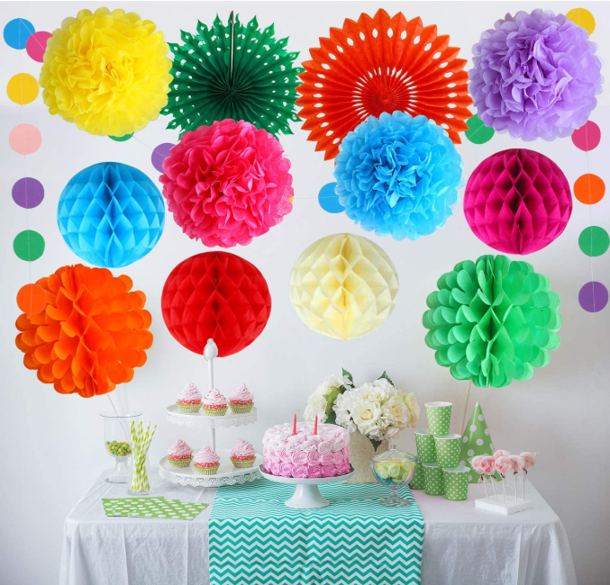 Hanging Paper Fan Tissue Pom Poms Flower Balls Honeycomb Rainbow Dots garland for Birthday Carnivals Christmas Party Decorations