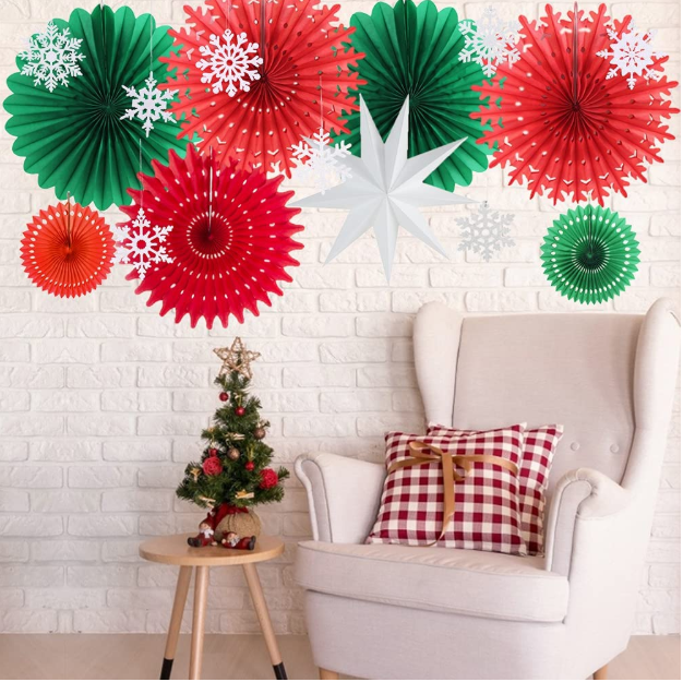 Green Red Paper Fan set Paper Honeycomb bunting Snowflake Star pendants ornament for New Year eve Christmas mall pub Party decor